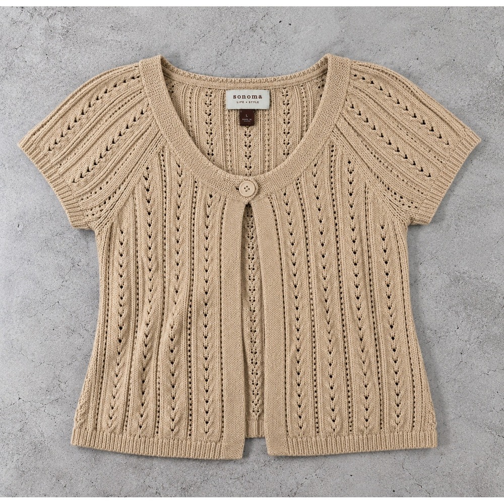 Sonoma Pointelle Open Knit Crochet Cardigan Sweater Short Sleeve Beige Y2K L